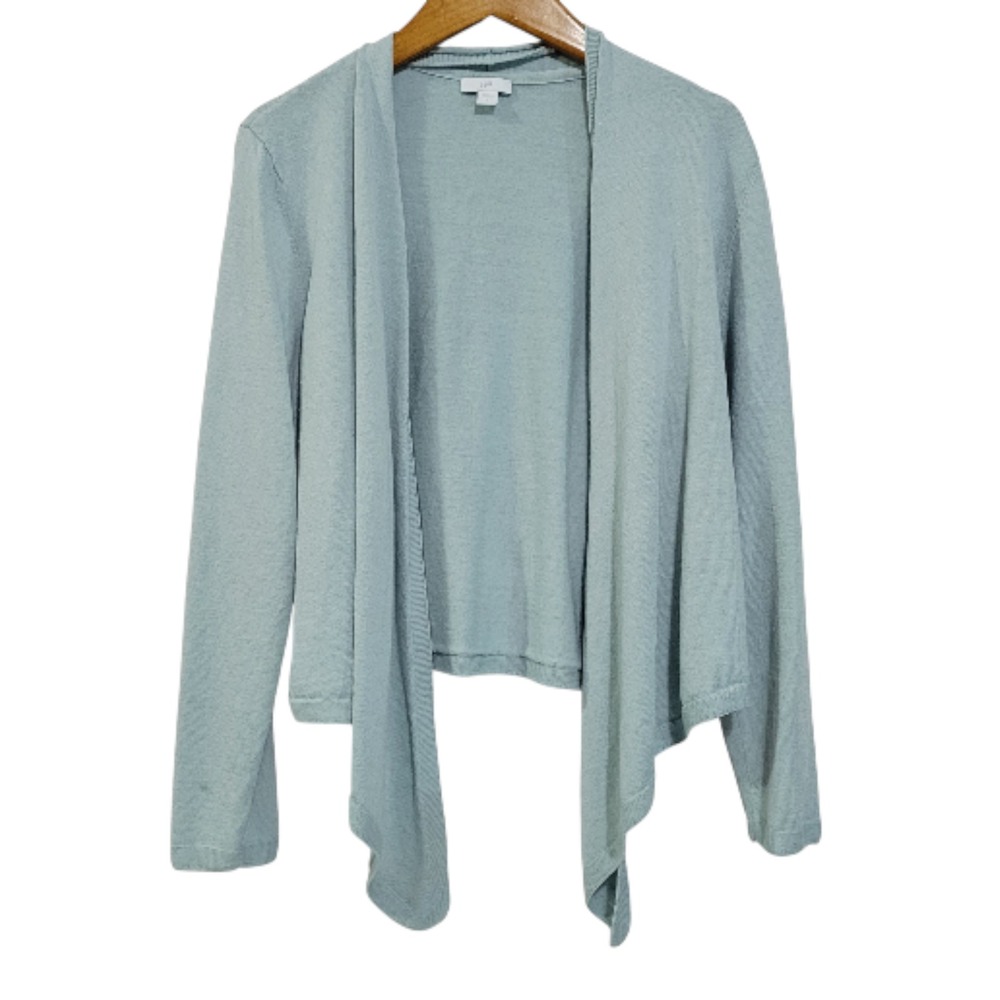 J Jill Waterfall Open Front Cardigan Womens Medium Seafoam Green Linen Blend